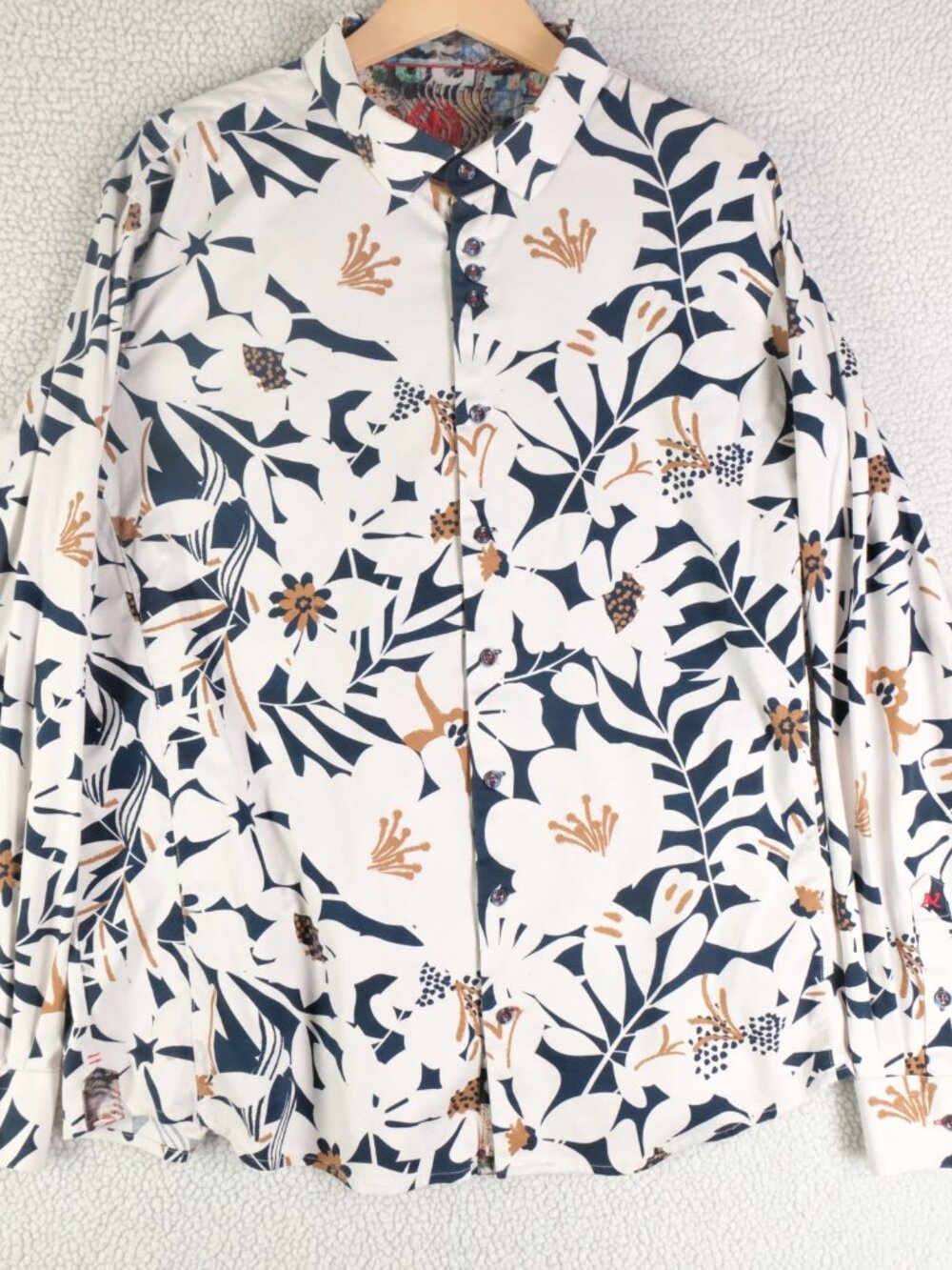 Au Noir Shirt Mens Xxl 2Xl 6 White Blue Floral Button Up Retro Long Sleeve